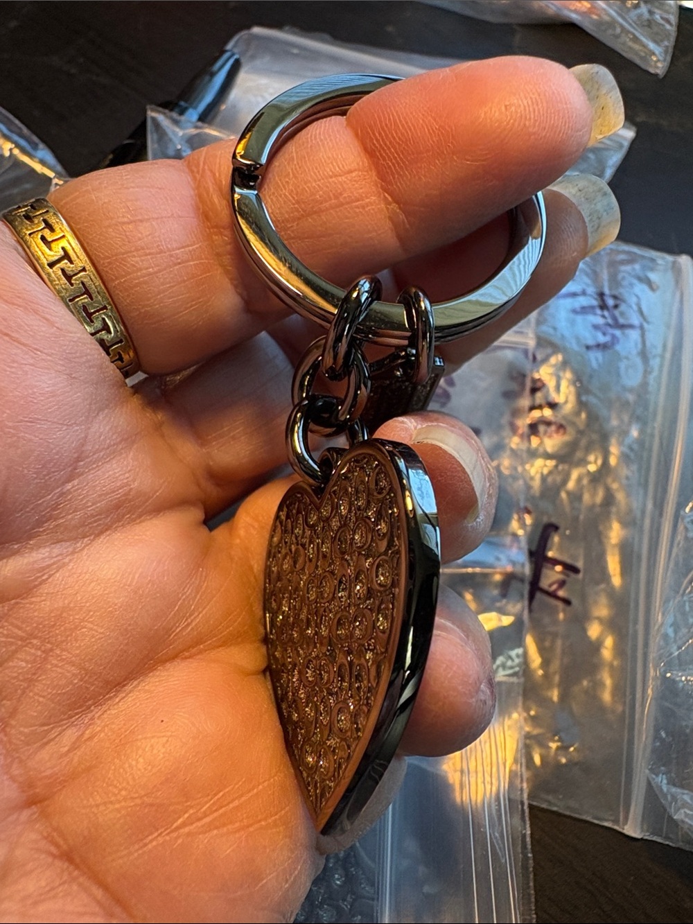 Coach Gunmetal Heart Keyring with Pebbled Texture - Picture 7 of 8
